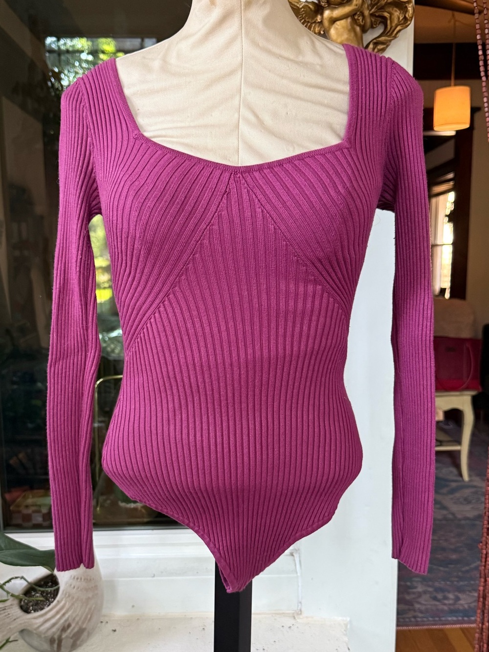 Abercrombie and Fit Long-Sleeve Ribbed Knit Bodysuit in Magenta
